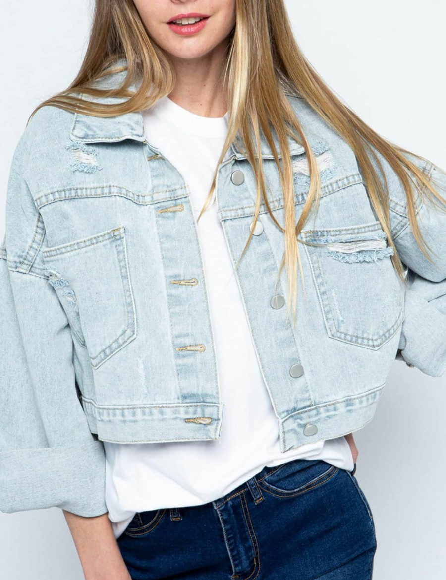 Joiemont Womens Denim Jacket With Fringe Rhinestones Long Sleeve Distressed Ripped Denim Jackets With Pockets | Coats, Jackets & Vests