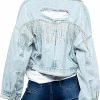 Esmeling Esmeling Womens Ripped Crop Rhinestone Fringe Denim Jacket Casual Cowgirl Tassel Jean Coat | Coats, Jackets & Vests