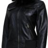 Artistry Leather Artistry Womens Genuine Lambskin Leather Motorcycle Jacket With Removable Leather Hood Black - Hooded Leather Bomber Jacket | Coats, Jackets & Vests