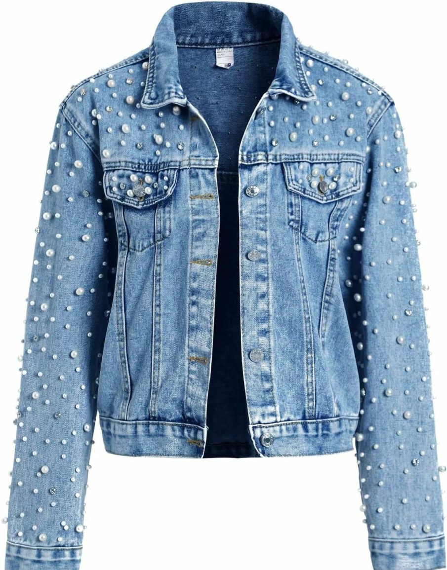 CYLADY Women'S Pearl Embroidered Denim Jacket Casual Loose Short Jean Jacket Coat Bridal Jacket | Coats, Jackets & Vests