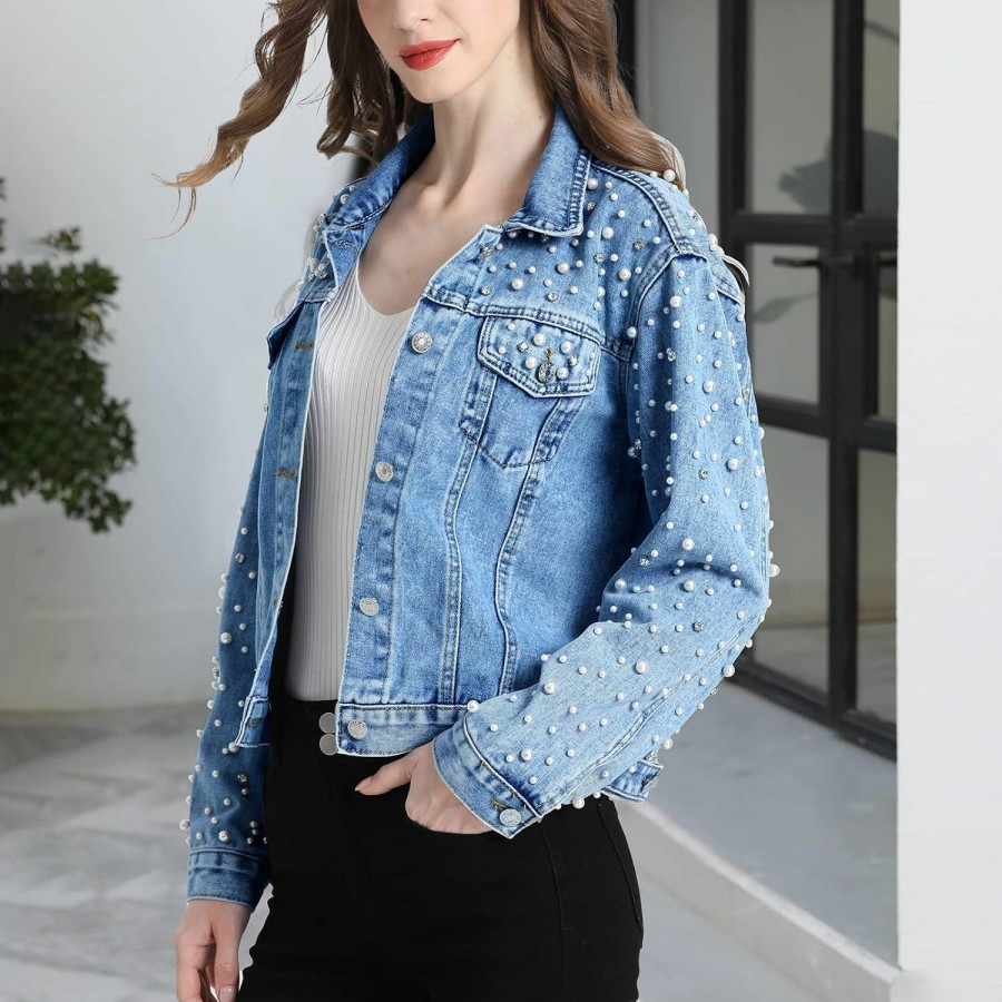 CYLADY Women'S Pearl Embroidered Denim Jacket Casual Loose Short Jean Jacket Coat Bridal Jacket | Coats, Jackets & Vests