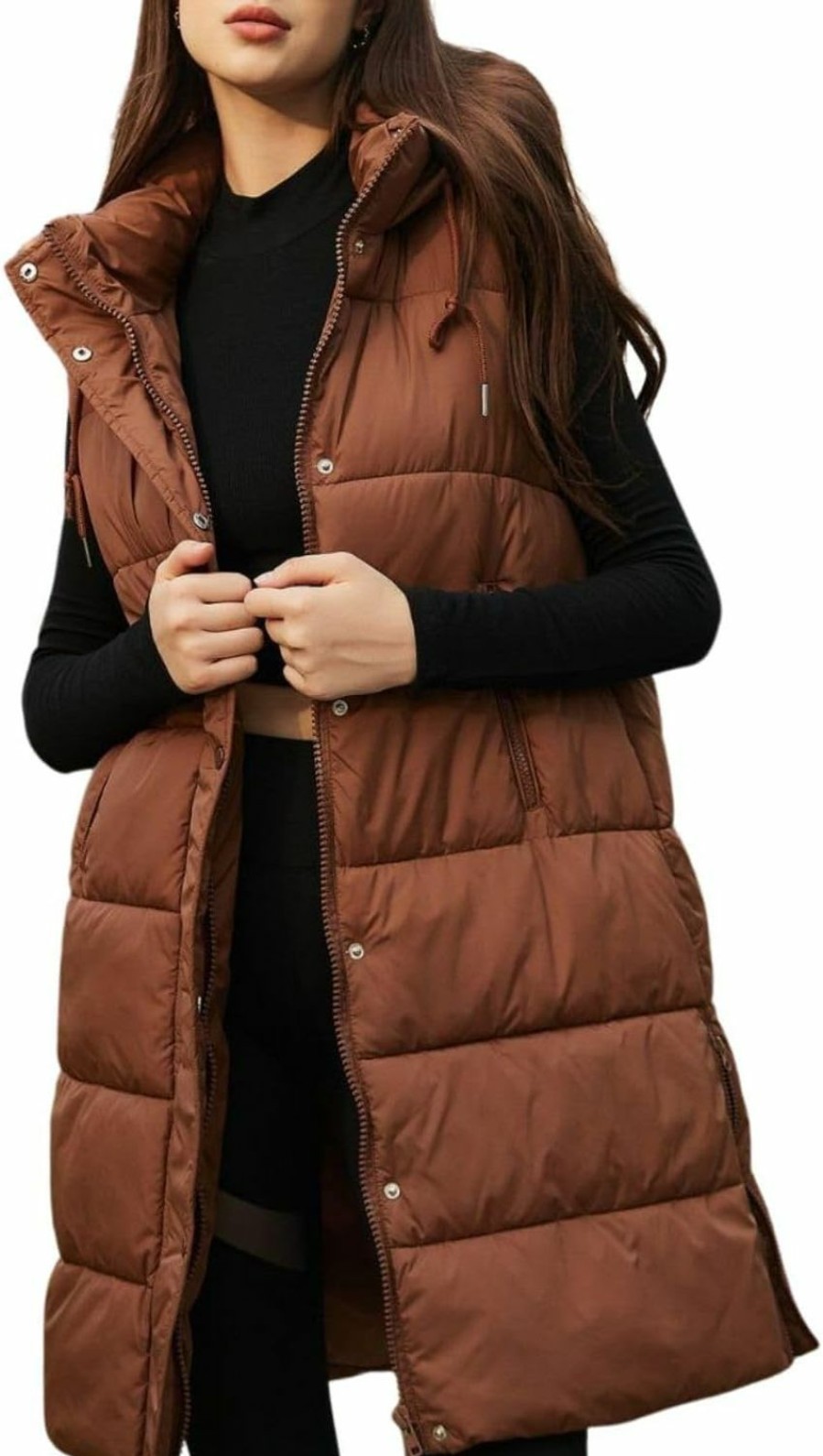 PUWEI Puwei Long Puffer Vest Women Quilted Hooded Vest Padded Sleeveless Coat Jackets With Pockets | Coats, Jackets & Vests