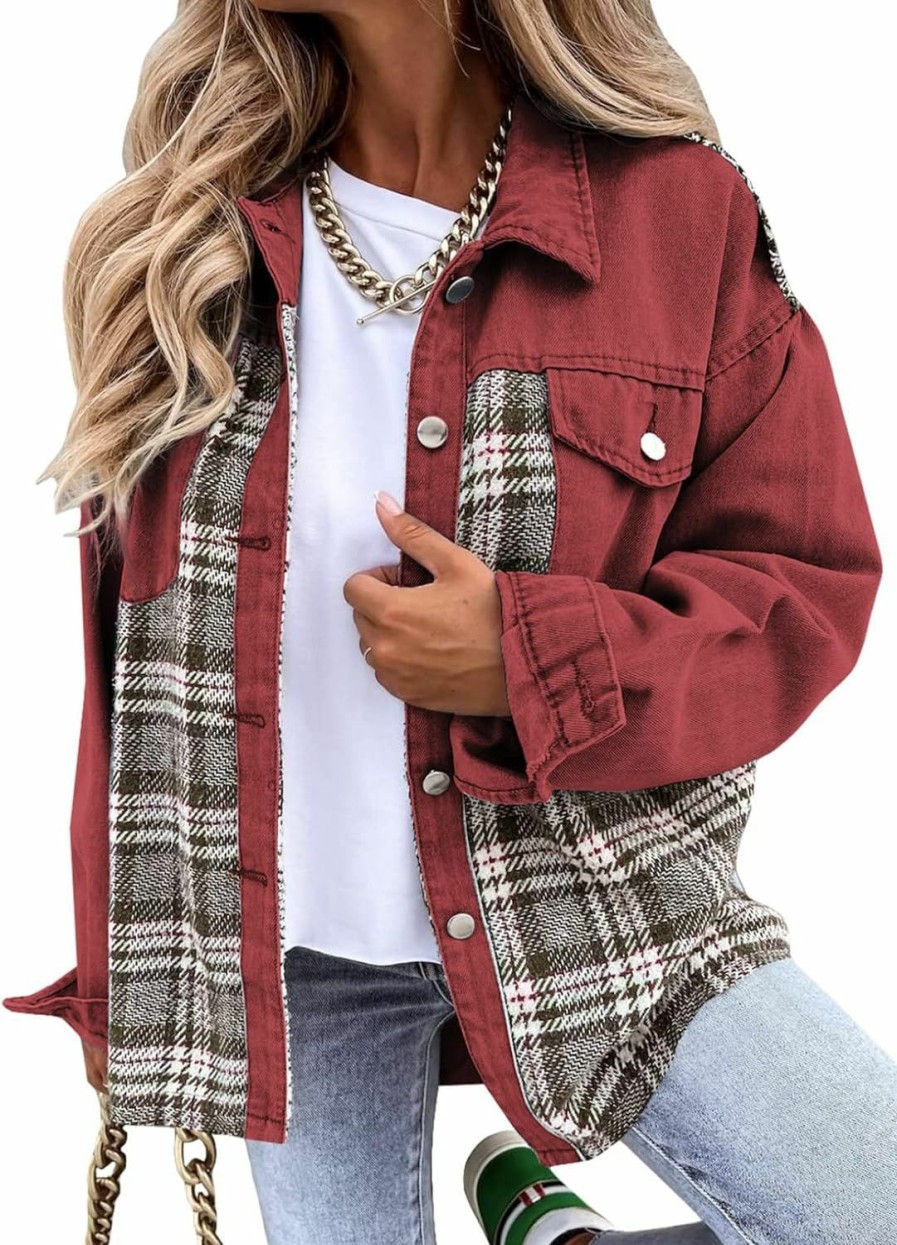 SHEWIN Shewin Women'S Denim Jacket Long Sleeve Plaid Button Down Shacket Jacket | Coats, Jackets & Vests