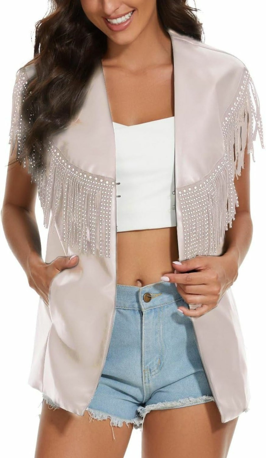 PESION Pesion Women Sparkly Fringe Trim Tops Faux Leather Outerwear Jackets Tassel Vest Cardigan Coat | Coats, Jackets & Vests