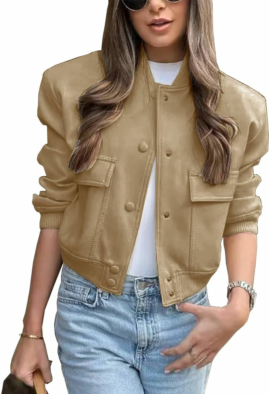 Lumister Lumister Women'S Fashion Cropped Button Down Lightweight Cropped Bomber Jacket Varsity Shacket With Side Pockets | Coats, Jackets & Vests