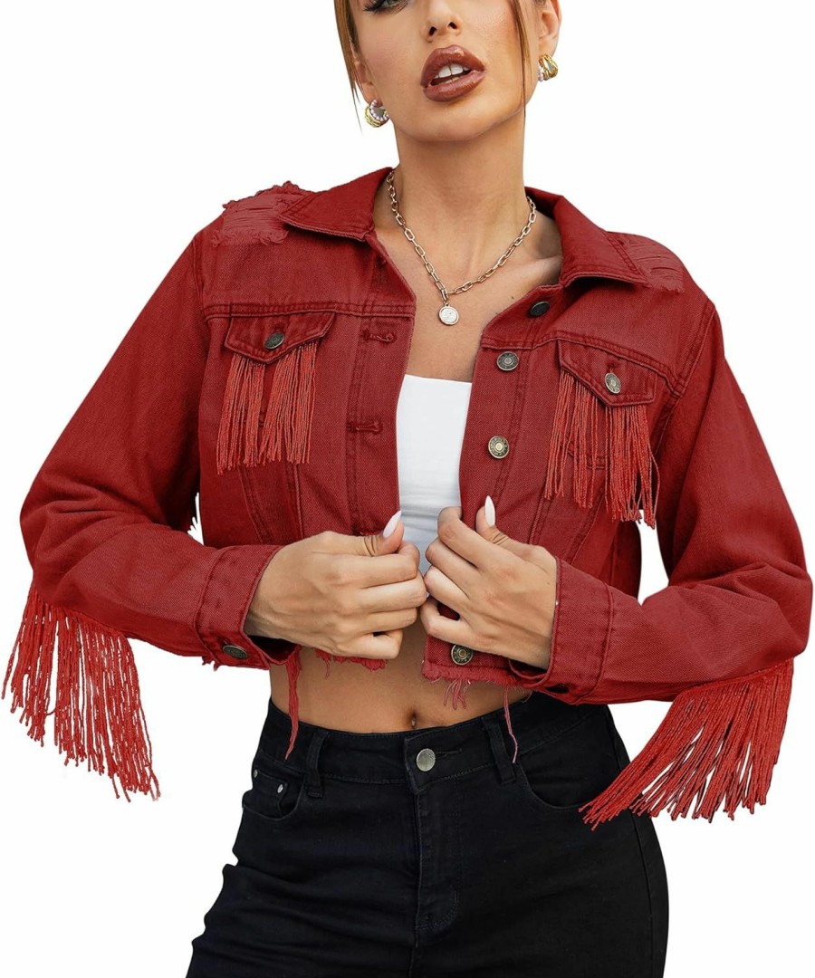 HOTLOOX Hotloox Womens Fringe Jacket Tassel Cropped Denim Jacket Raw Hem Ripped Crop Jean Jackets | Coats, Jackets & Vests