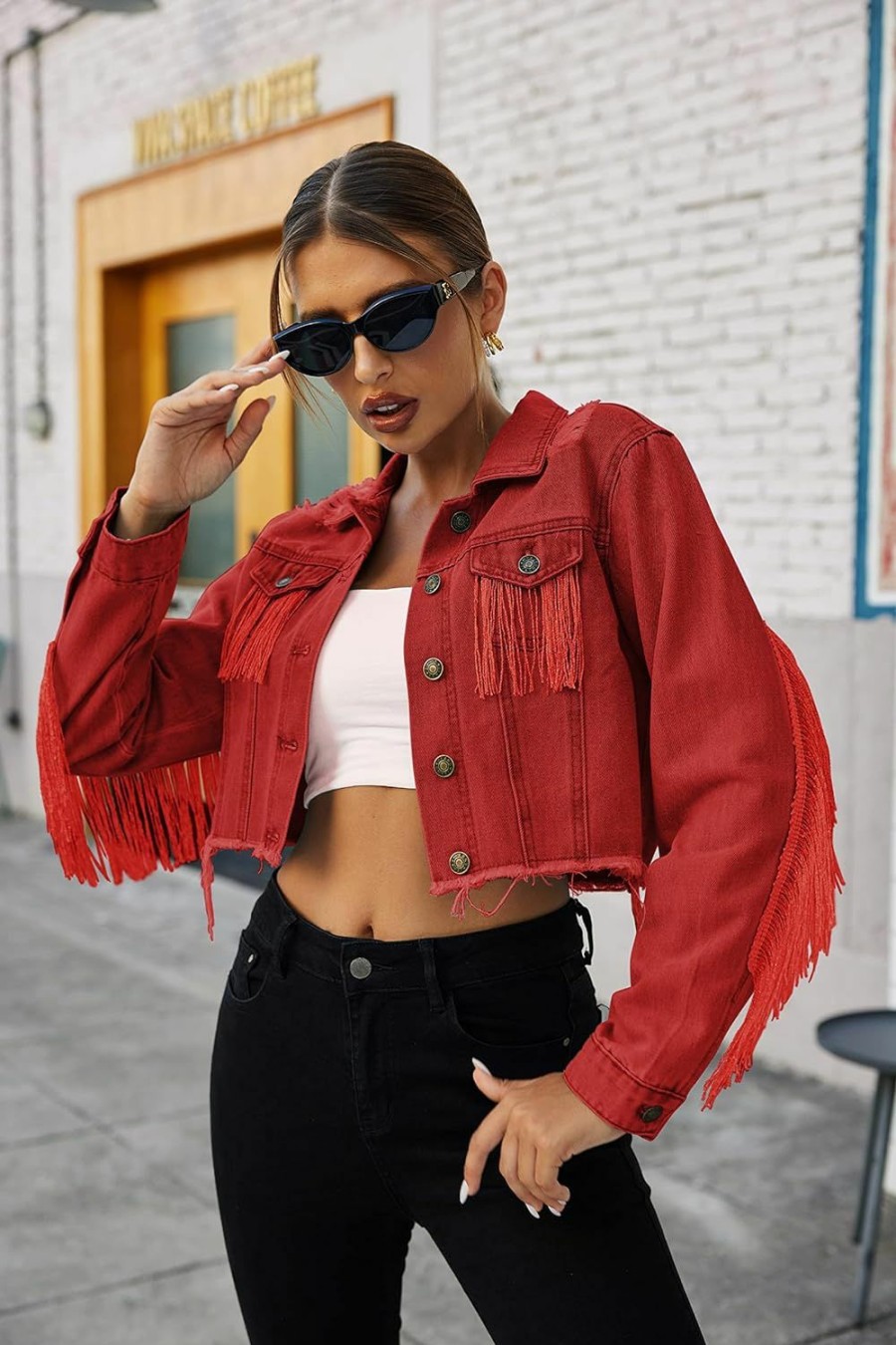 HOTLOOX Hotloox Womens Fringe Jacket Tassel Cropped Denim Jacket Raw Hem Ripped Crop Jean Jackets | Coats, Jackets & Vests