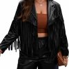 WDIRARA Wdirara Women'S Plus Size Pu Leather Fringe Trim Open Front Lapel Neck Long Sleeve Jacket Casual Outwear Coat | Coats, Jackets & Vests