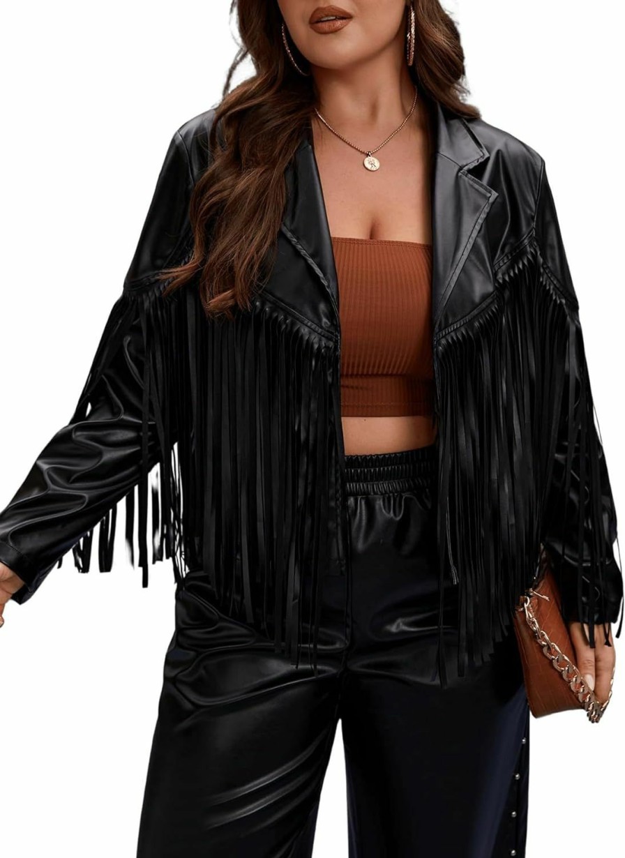 WDIRARA Wdirara Women'S Plus Size Pu Leather Fringe Trim Open Front Lapel Neck Long Sleeve Jacket Casual Outwear Coat | Coats, Jackets & Vests