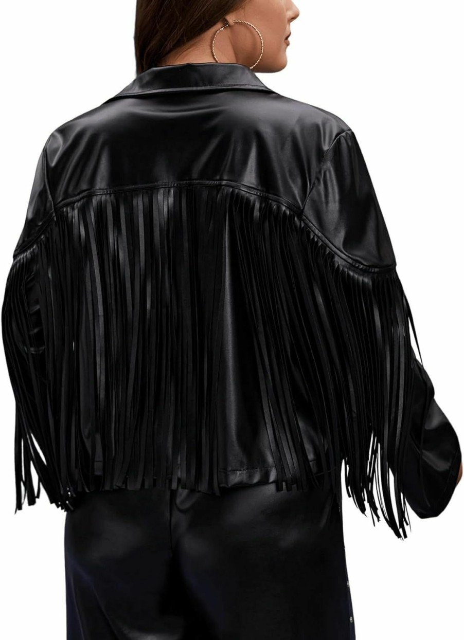 WDIRARA Wdirara Women'S Plus Size Pu Leather Fringe Trim Open Front Lapel Neck Long Sleeve Jacket Casual Outwear Coat | Coats, Jackets & Vests