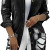 vunahzma Vunahzma Womens Denim Jacket Ripped Sexy Long Sleeve Distressed Jeans Coat Denim Trucker Jackets With Pocket(Black 2Xl) | Coats, Jackets & Vests