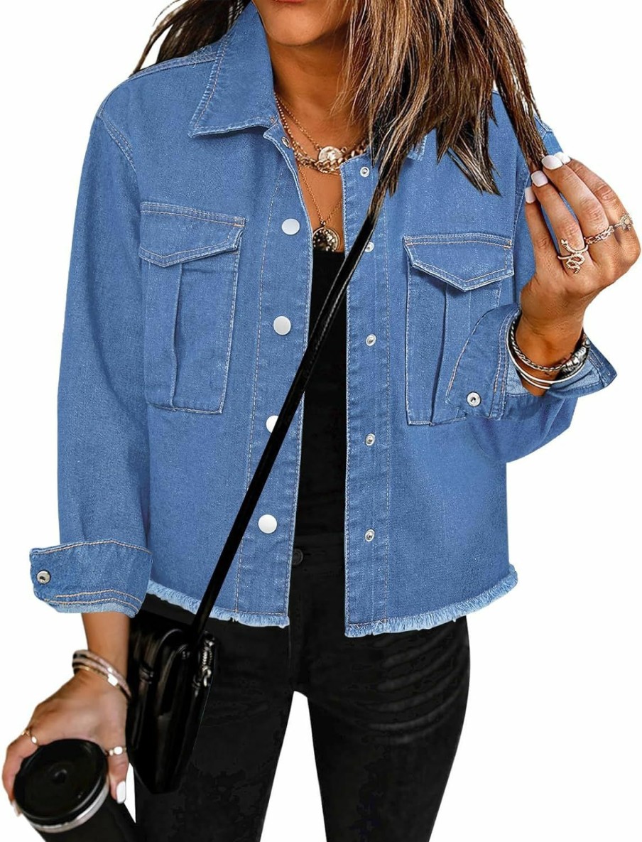 luvamia Luvamia Jean Jacket Women Trendy Oversized Denim Jacket Raw Hem Long Sleeves Fashion Casual Jackets Shacket With Pockets | Coats, Jackets & Vests