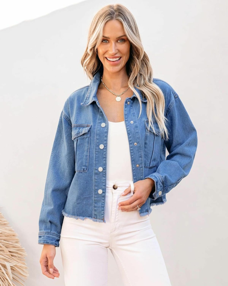 luvamia Luvamia Jean Jacket Women Trendy Oversized Denim Jacket Raw Hem Long Sleeves Fashion Casual Jackets Shacket With Pockets | Coats, Jackets & Vests