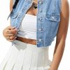 Verdusa Verdusa Women'S Casual Button Down Round Neck Sleeveless Crop Denim Jacket | Coats, Jackets & Vests