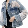 ebossy Ebossy Women'S See Through Floral Embroidery Lace Crop Denim Jacket Ripped Distressed Jean Jacket | Coats, Jackets & Vests