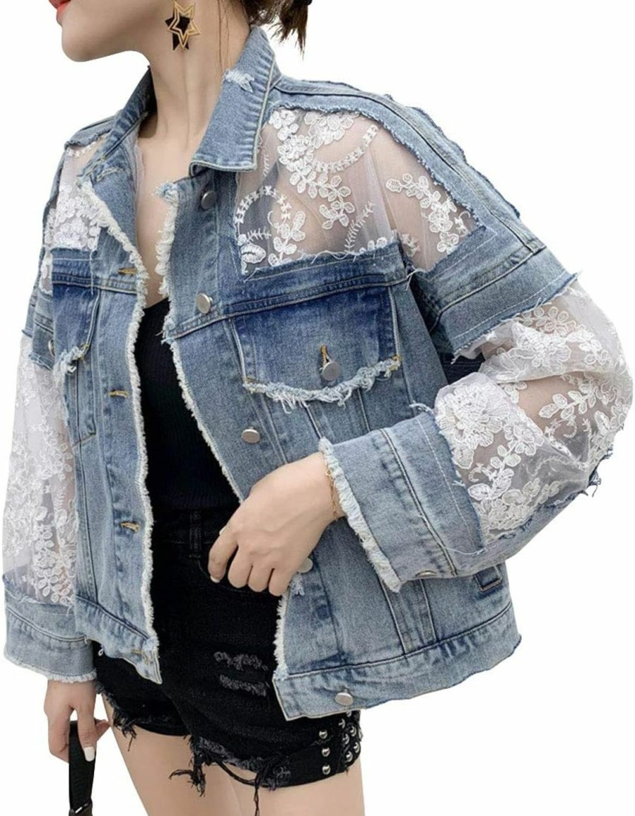 ebossy Ebossy Women'S See Through Floral Embroidery Lace Crop Denim Jacket Ripped Distressed Jean Jacket | Coats, Jackets & Vests