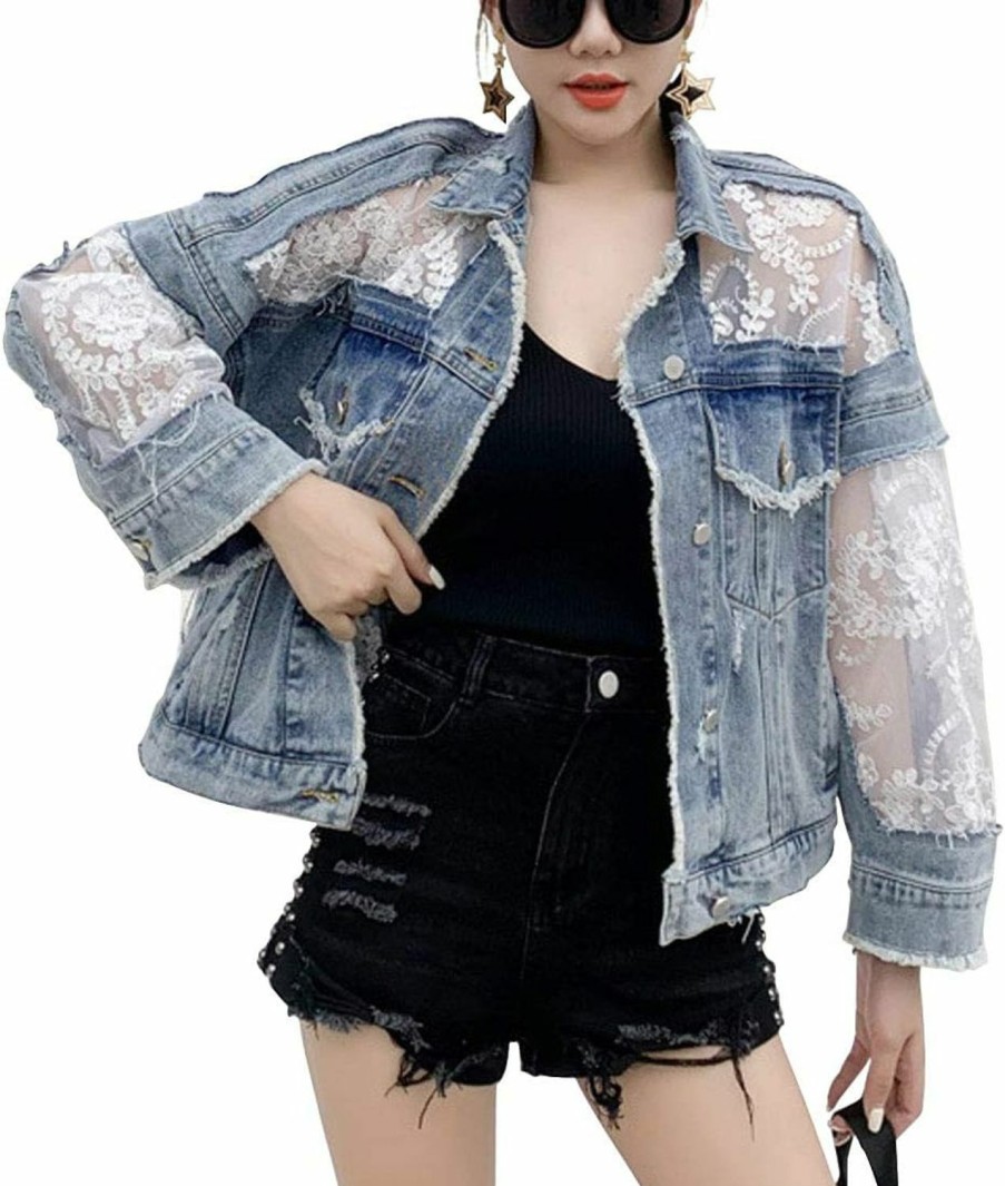 ebossy Ebossy Women'S See Through Floral Embroidery Lace Crop Denim Jacket Ripped Distressed Jean Jacket | Coats, Jackets & Vests