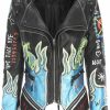 LadtwRX Women'S Faux Leather Textured Hand Painted Graffiti Studded Rivet Moto Lady Fit Jacket Zip-Up Slim Pu Biker Coat | Coats, Jackets & Vests