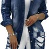 vunahzma Vunahzma Women Casual Jacket With Pockets Sexy Dark Blue V Neck Long Sleeve Button Down Denim Coat(Blue Xxl) | Coats, Jackets & Vests