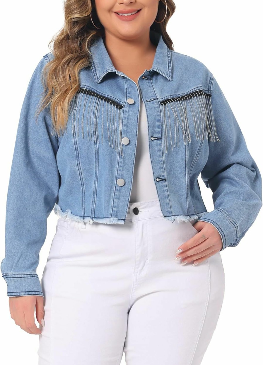 Agnes Orinda Agnes Orinda Plus Size Denim Jacket For Women Frayed Hem Tassel Button 2024 Jeans Cropped Denim Jackets | Coats, Jackets & Vests