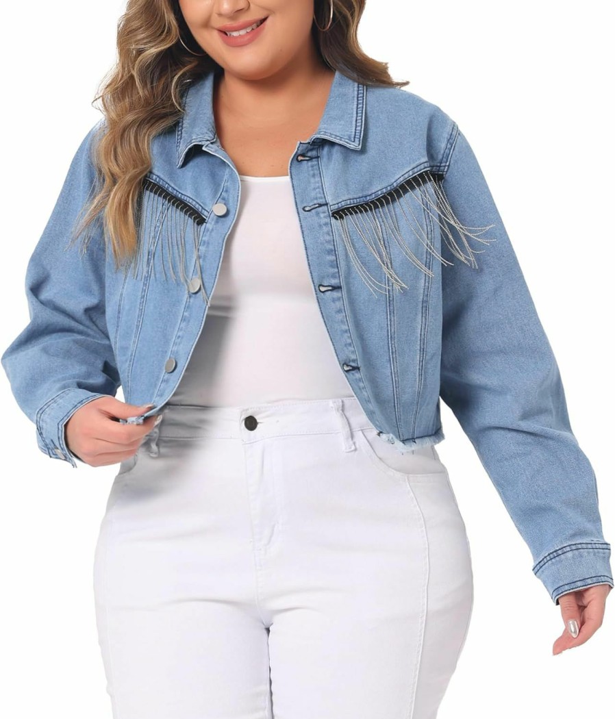 Agnes Orinda Agnes Orinda Plus Size Denim Jacket For Women Frayed Hem Tassel Button 2024 Jeans Cropped Denim Jackets | Coats, Jackets & Vests