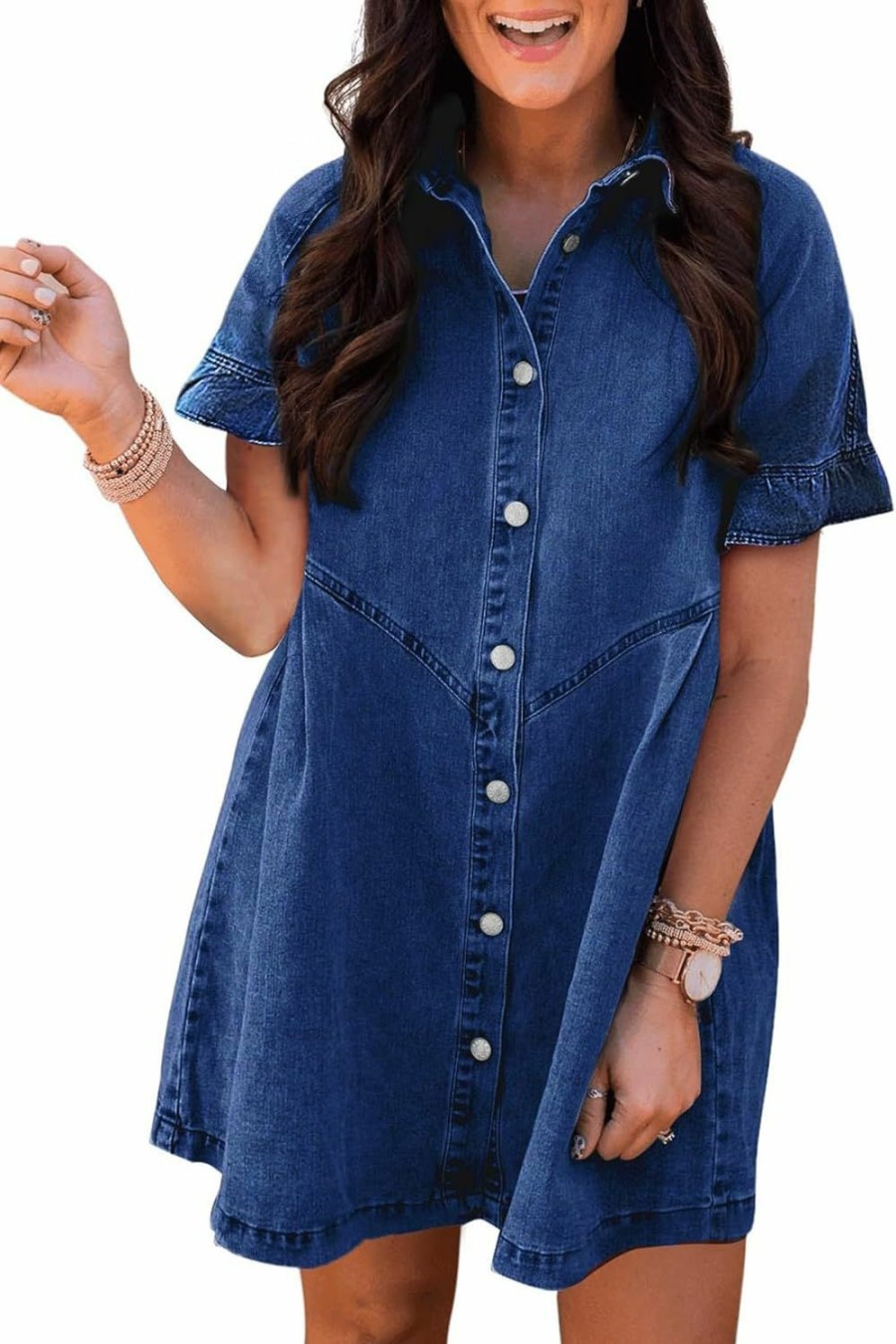 Sidefeel Sidefeel Womens Smocked 3 4 Sleeve Button Down Denim Jeans Dresses | Coats, Jackets & Vests