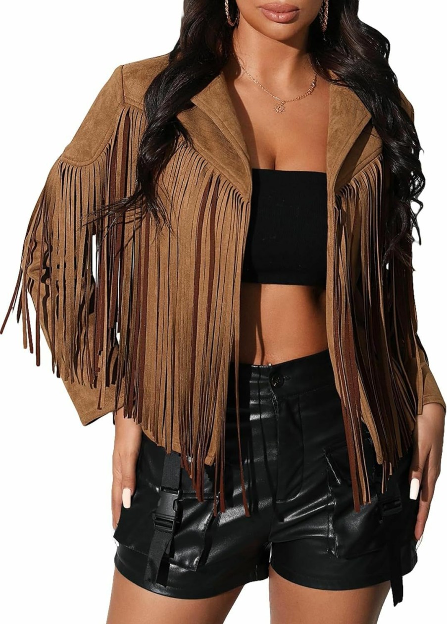 WDIRARA Wdirara Women'S Casual Fringe Trim Open Front Collared Neck Long Sleeve Suede Jacket Outwear Coat | Coats, Jackets & Vests