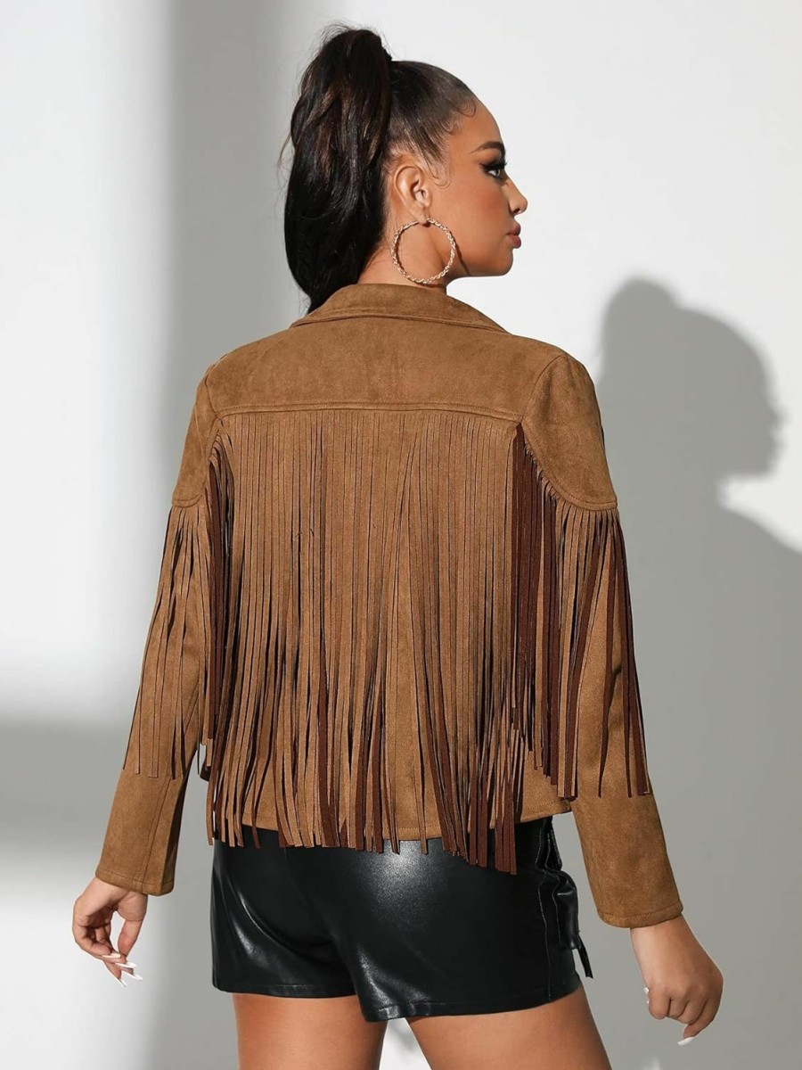 WDIRARA Wdirara Women'S Casual Fringe Trim Open Front Collared Neck Long Sleeve Suede Jacket Outwear Coat | Coats, Jackets & Vests