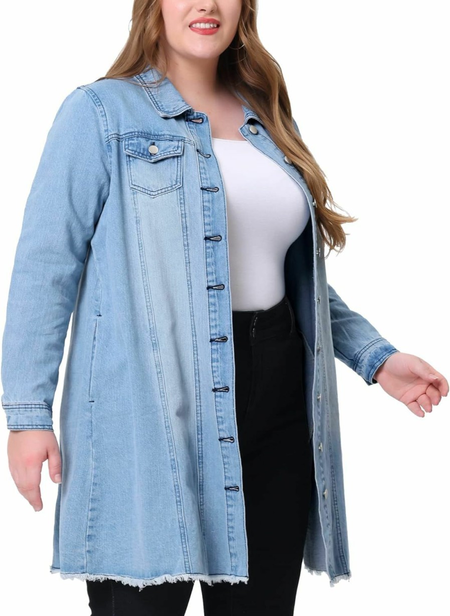 Agnes Orinda Agnes Orinda Women'S Plus Size Button Up Frayed Hem Shacket Long Sleeve Pockets Denim Jean Jacket 2024 | Coats, Jackets & Vests