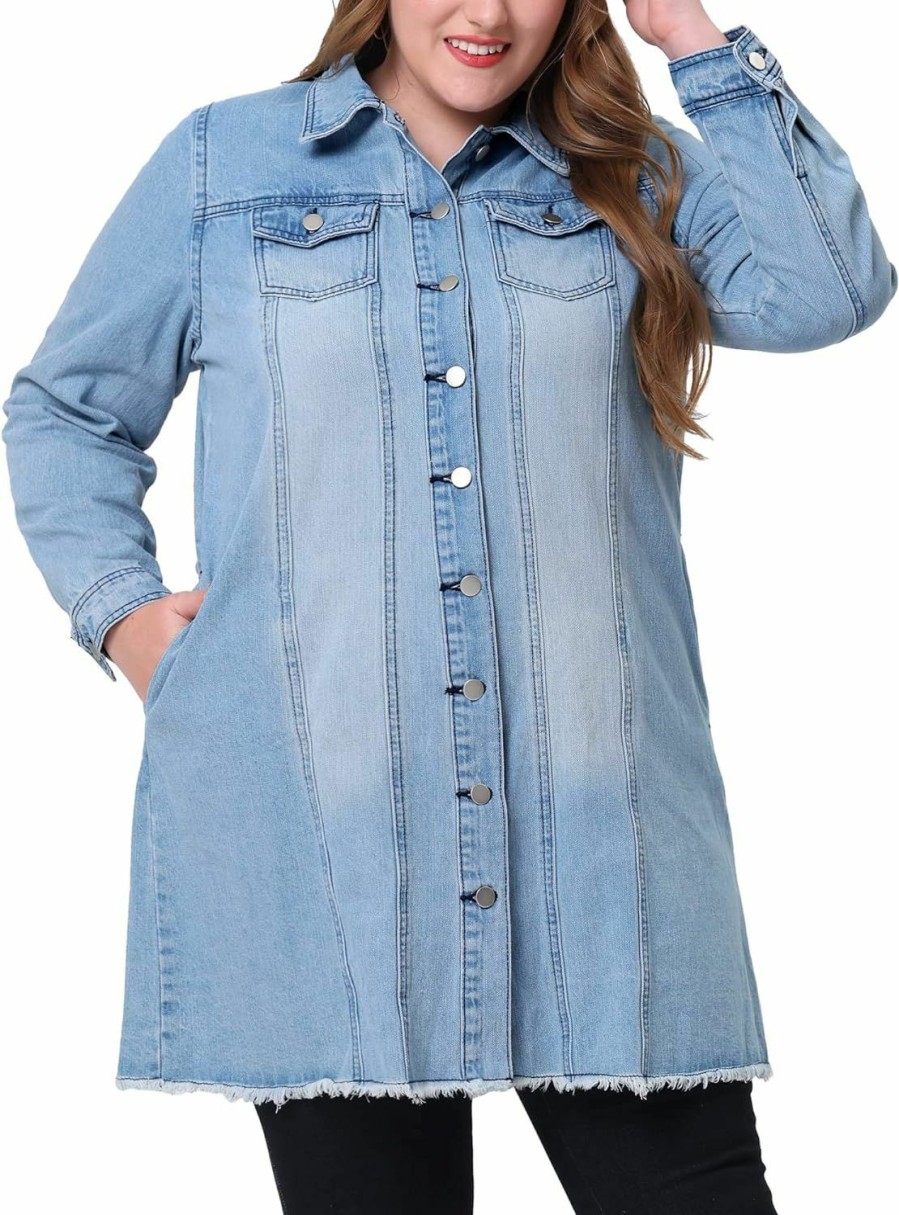 Agnes Orinda Agnes Orinda Women'S Plus Size Button Up Frayed Hem Shacket Long Sleeve Pockets Denim Jean Jacket 2024 | Coats, Jackets & Vests