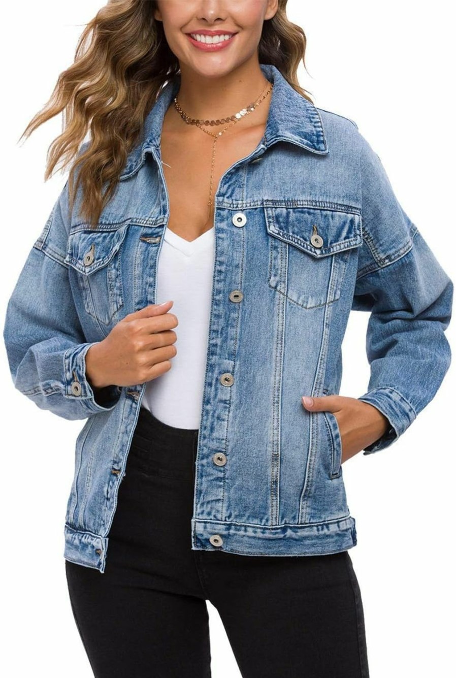 Cantonwalker Cantonwalker Loose Women'S Denim Jean Jacket,Oversize Vintage Denim Jacket,Long Sleeve Boyfriend Denim Jacket Coat | Coats, Jackets & Vests