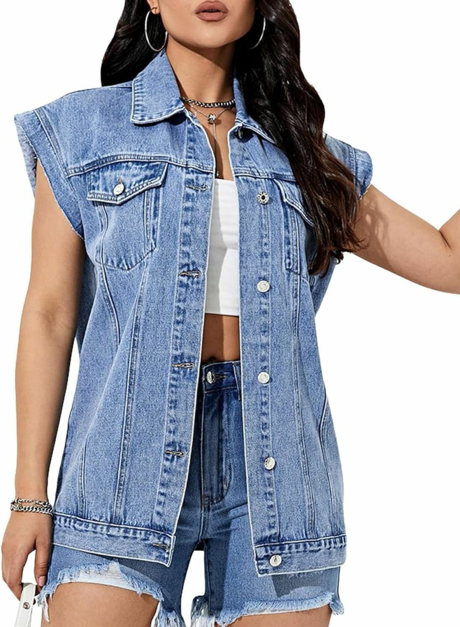 Floerns Floerns Women'S Casual Flap Pocket Cap Sleeve Button Front Denim Vest Jacket | Coats, Jackets & Vests