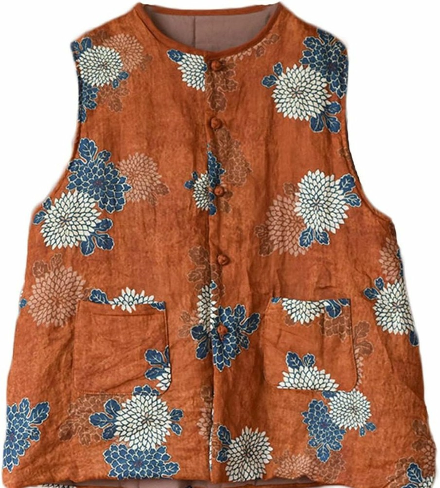 NFYM Nfym Womens Thin Quilted Lightweight Vest Cotton Linen Printed Spring Vintage Padded Outwear | Coats, Jackets & Vests