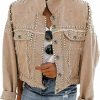 Omoone Omoone Women'S Long Sleeve Rivet Studded Denim Jacket Casual Washed Pearl Short Jean Coat | Coats, Jackets & Vests