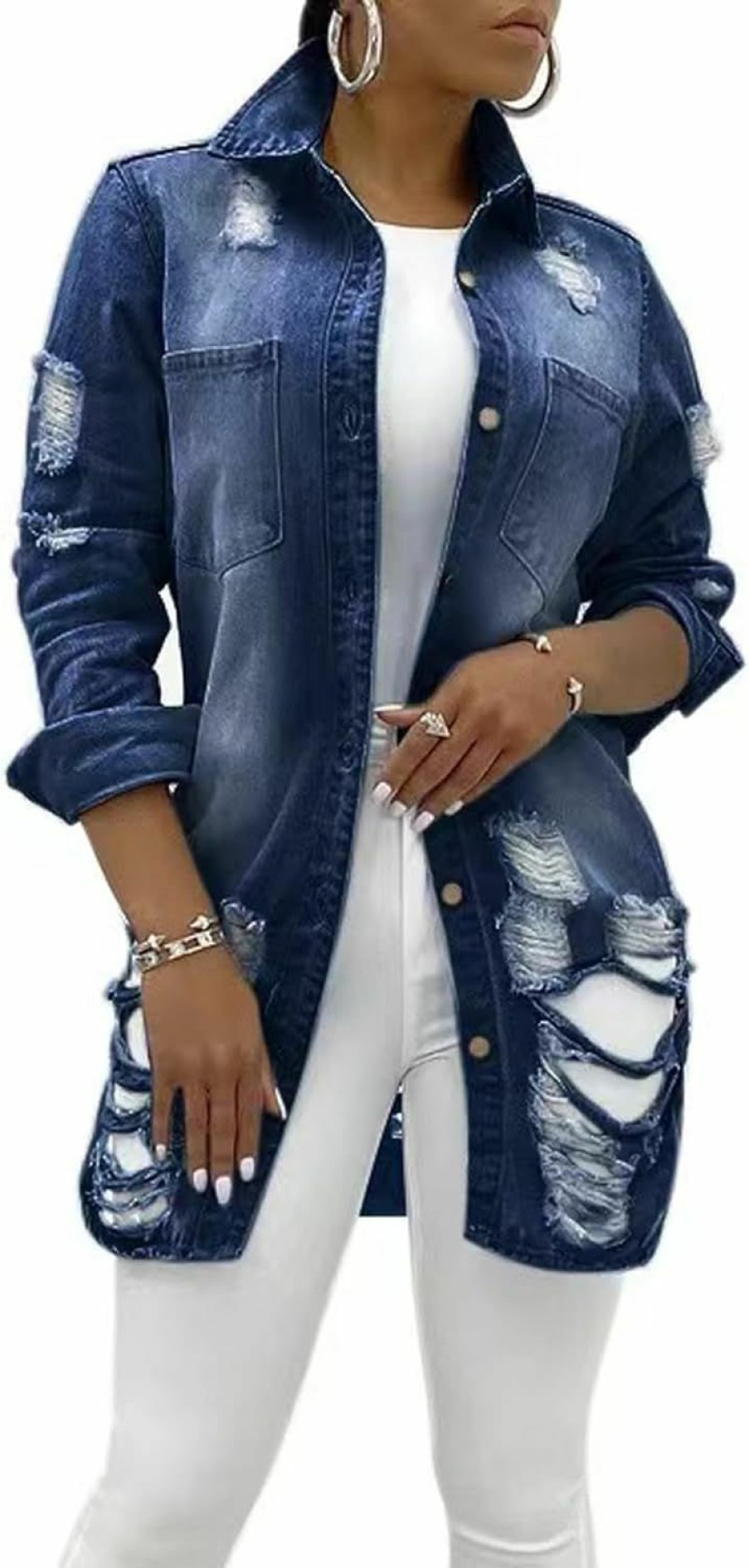 vunahzma Vunahzma Denim Jacket For Women'S Ripped Sexy Long Sleeve Distressed Jeans Coat Denim Trucker Classicjackets With Pocket(Blue Xl) | Coats, Jackets & Vests