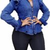 ECHOINE Echoine Women Casual Denim Jacket - Long Sleeve Zip Ruffle Shoulder Jean Jackets Peplum Coat Plus Size | Coats, Jackets & Vests