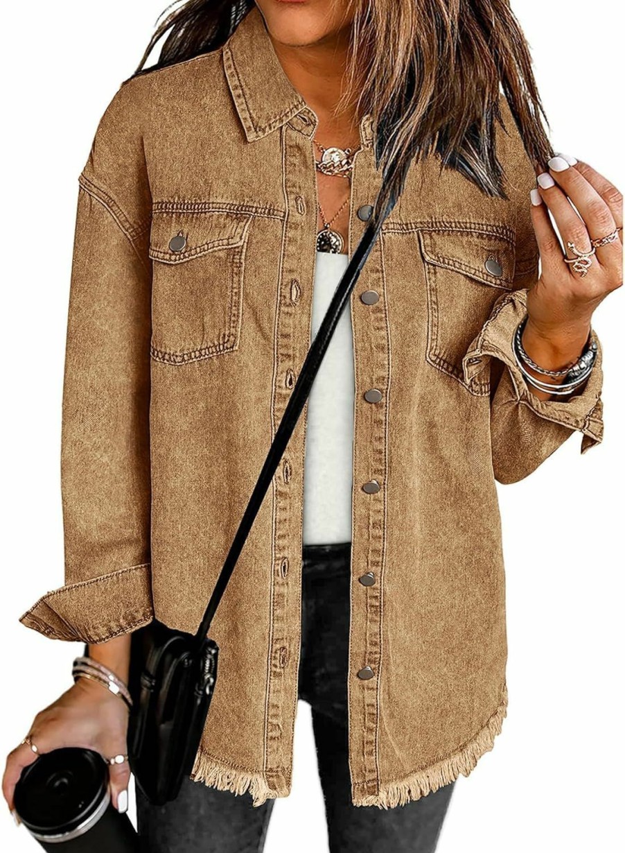 luvamia Luvamia Denim Jacket For Women Oversized Button Down Casual Jean Shacket Jackets Long Sleeve Frayed Hem Western Trendy | Coats, Jackets & Vests