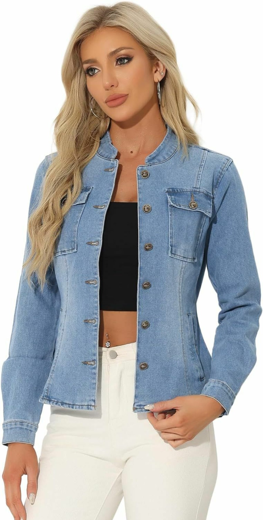 Allegra K Allegra K Casual Denim Jacket For Women'S Classic Stand Collar Long Sleeve Jean Jackets | Coats, Jackets & Vests