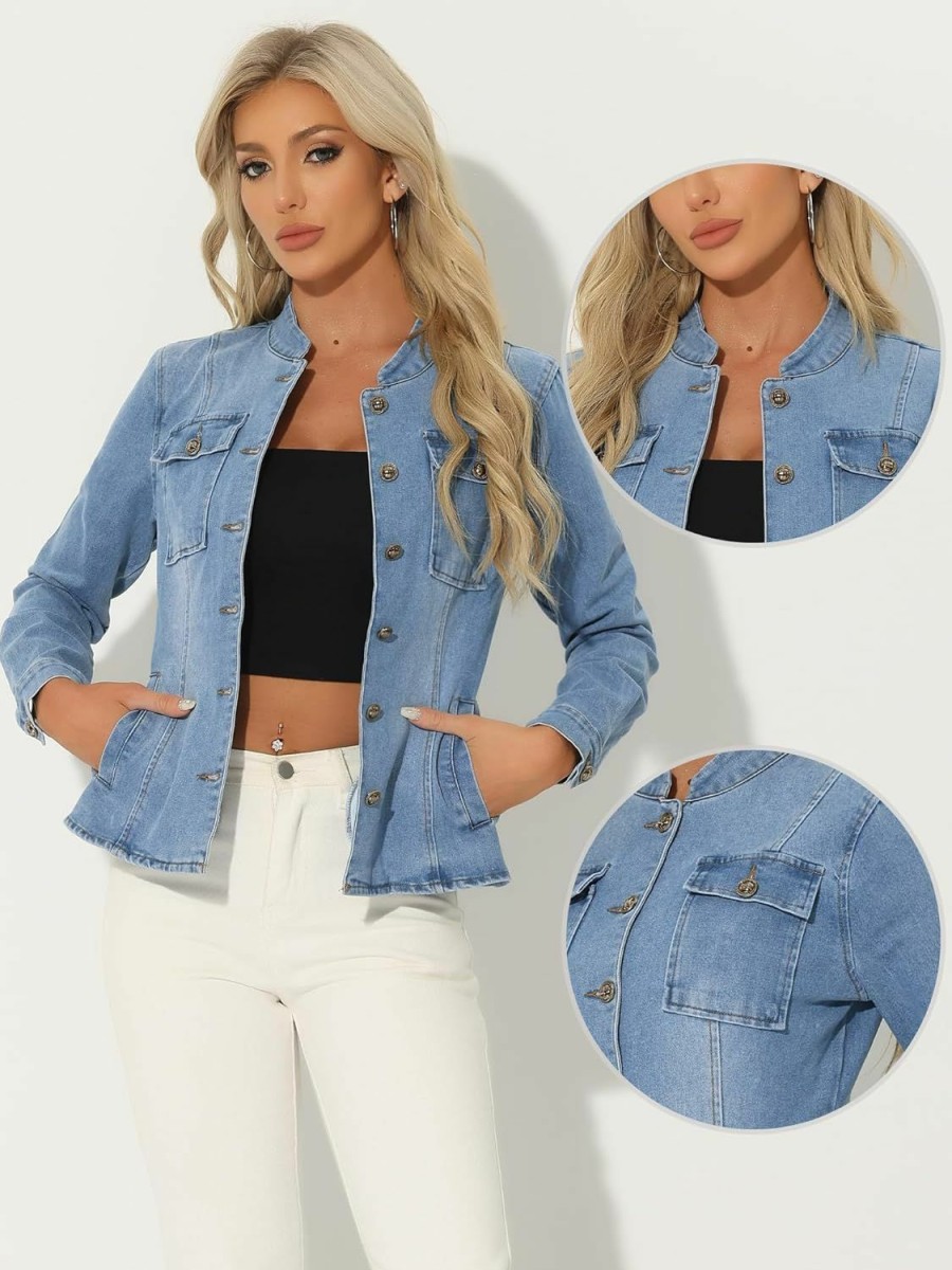 Allegra K Allegra K Casual Denim Jacket For Women'S Classic Stand Collar Long Sleeve Jean Jackets | Coats, Jackets & Vests