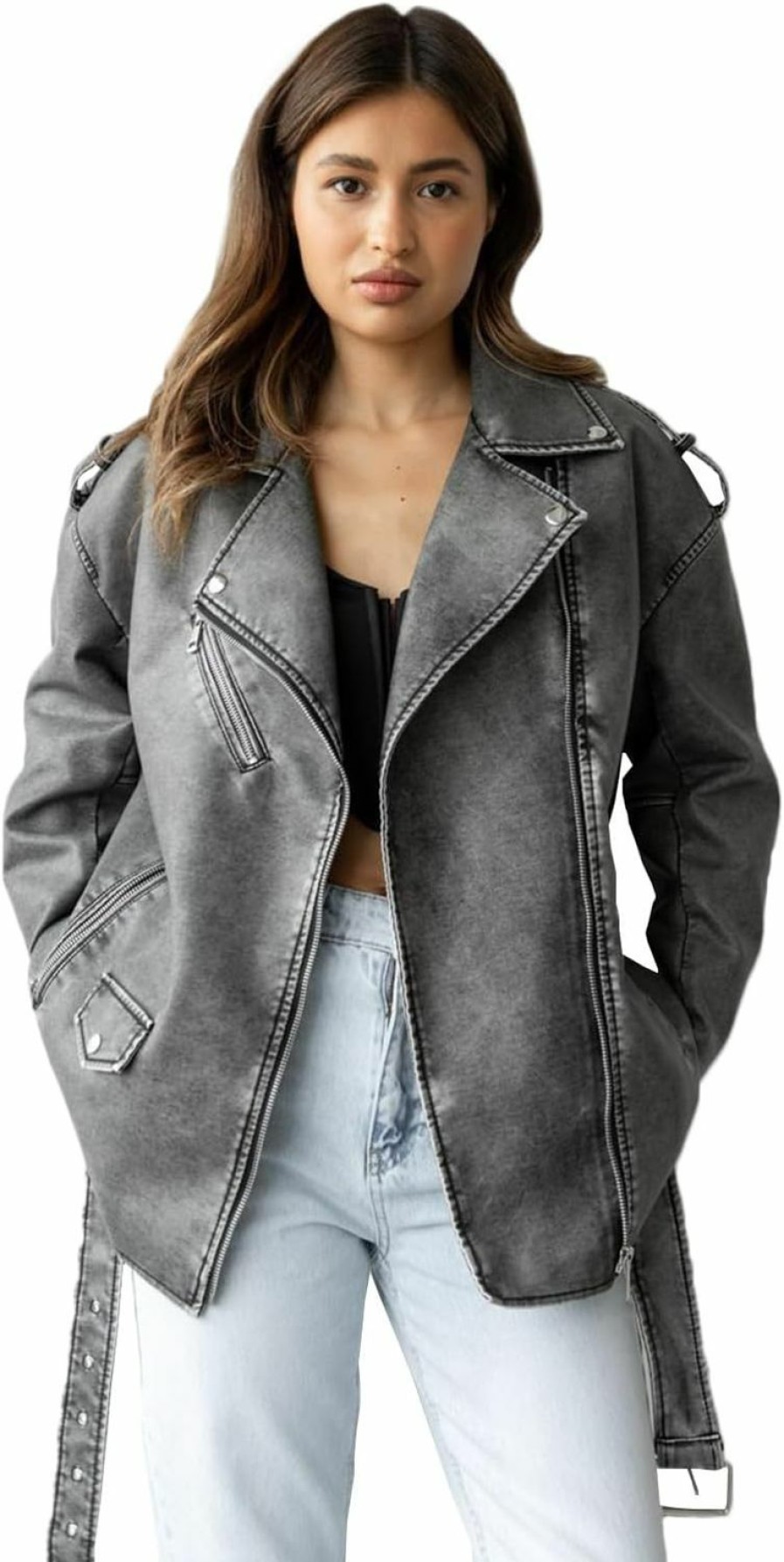 LY VAREY LIN Ly Varey Lin Women Faux Leather Jacket Lapel Collar Motorcycle Zip Up Long Sleeve Motor Biker Short Coat Jacket | Coats, Jackets & Vests