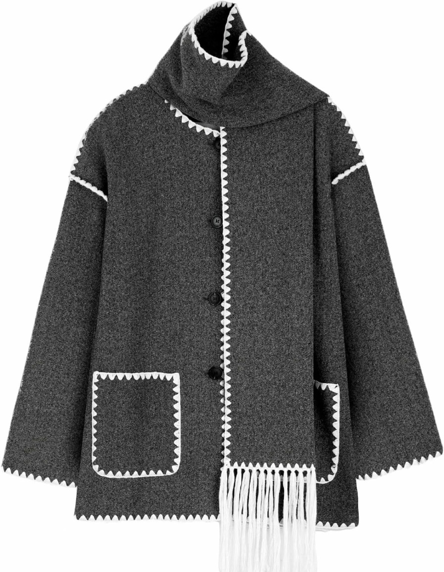 Wyeysyt Women'S Embroidered Scarf Jacket Oversized Button Down Wool Blend Coat Mid Long Outerwear With Tassel Scarf | Coats, Jackets & Vests