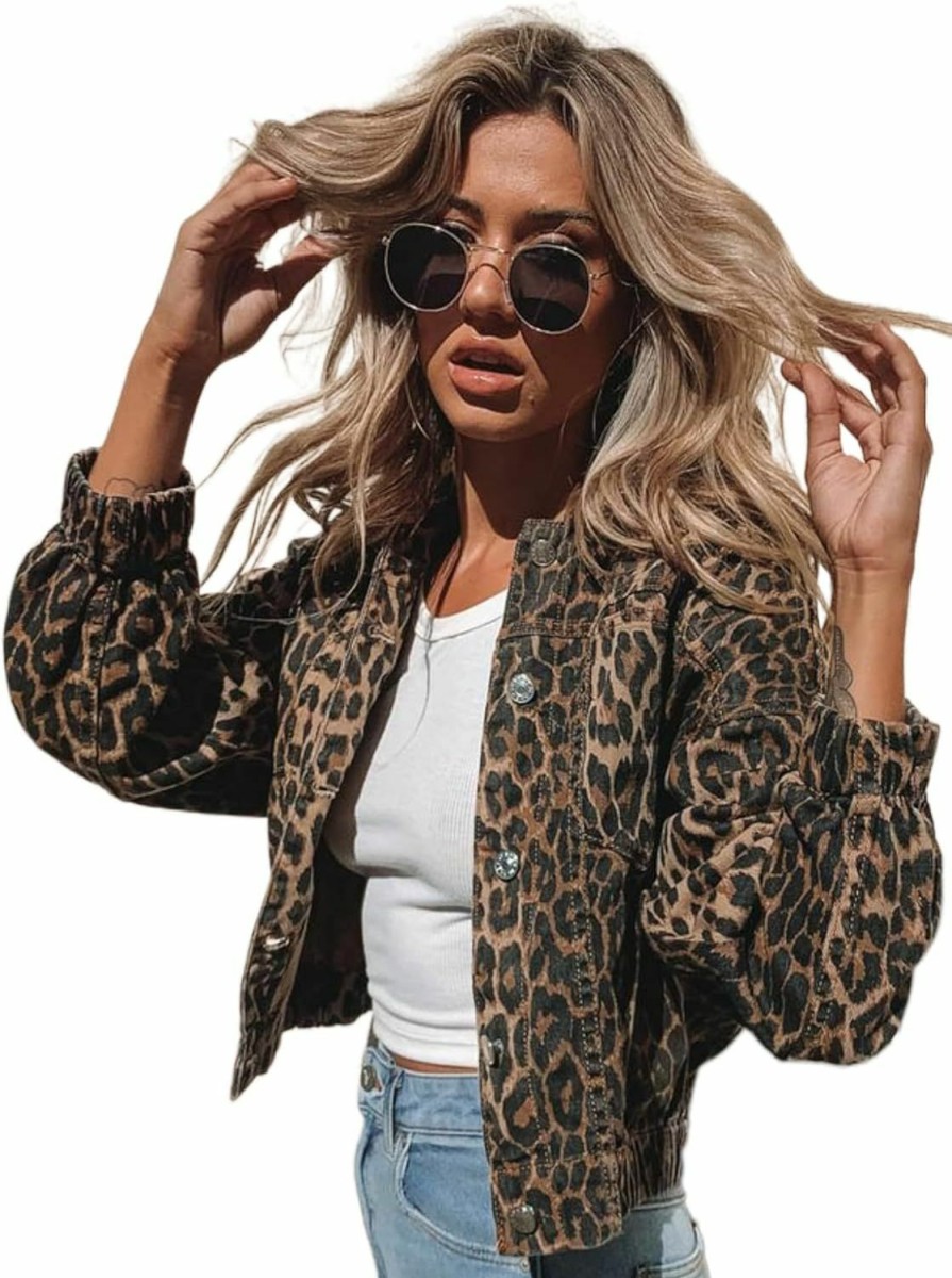 Justalwart Justalwart Denim Jacket For Women Leopard Print Retro Shape Button-Up Front Bomber Jacket | Coats, Jackets & Vests