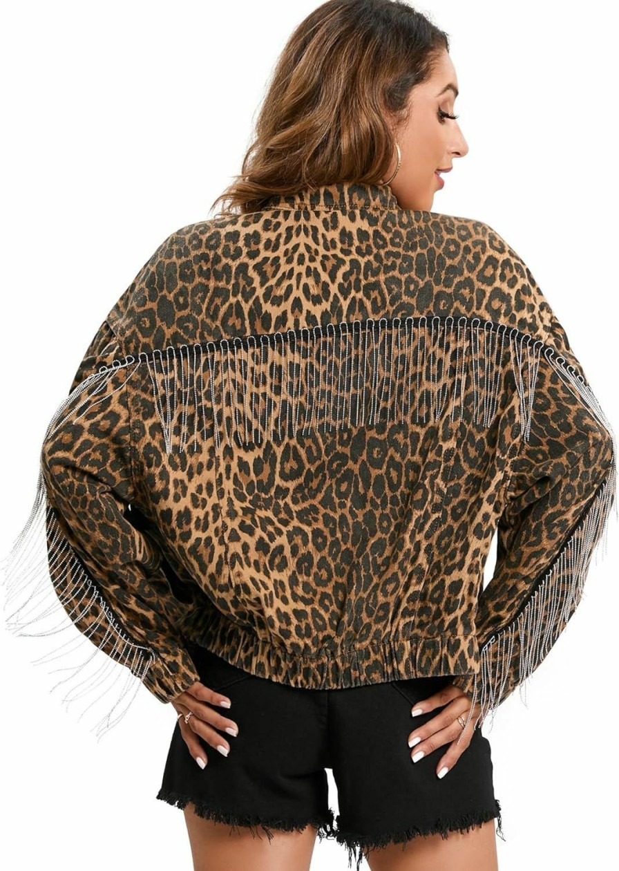 Justalwart Justalwart Denim Jacket For Women Leopard Print Retro Shape Button-Up Front Bomber Jacket | Coats, Jackets & Vests