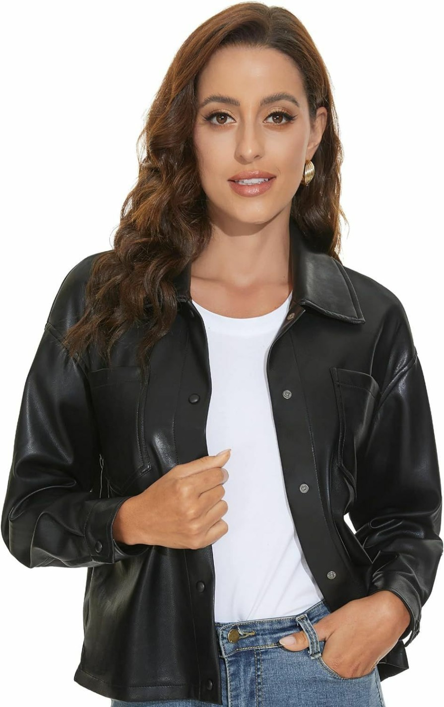 Fahsyee Fahsyee Women Faux Leather Shacket Moto Biker Shirts Loose Fit Blazer Long Sleeves Button Casual Jacket Plus Size S-Xxl | Coats, Jackets & Vests