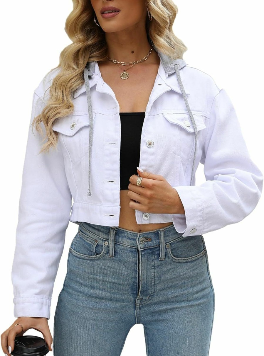 LifeShe Lifeshe Women Croped Denim Jacket Button Down Distressted Jean Jackets With Detachable Hood | Coats, Jackets & Vests