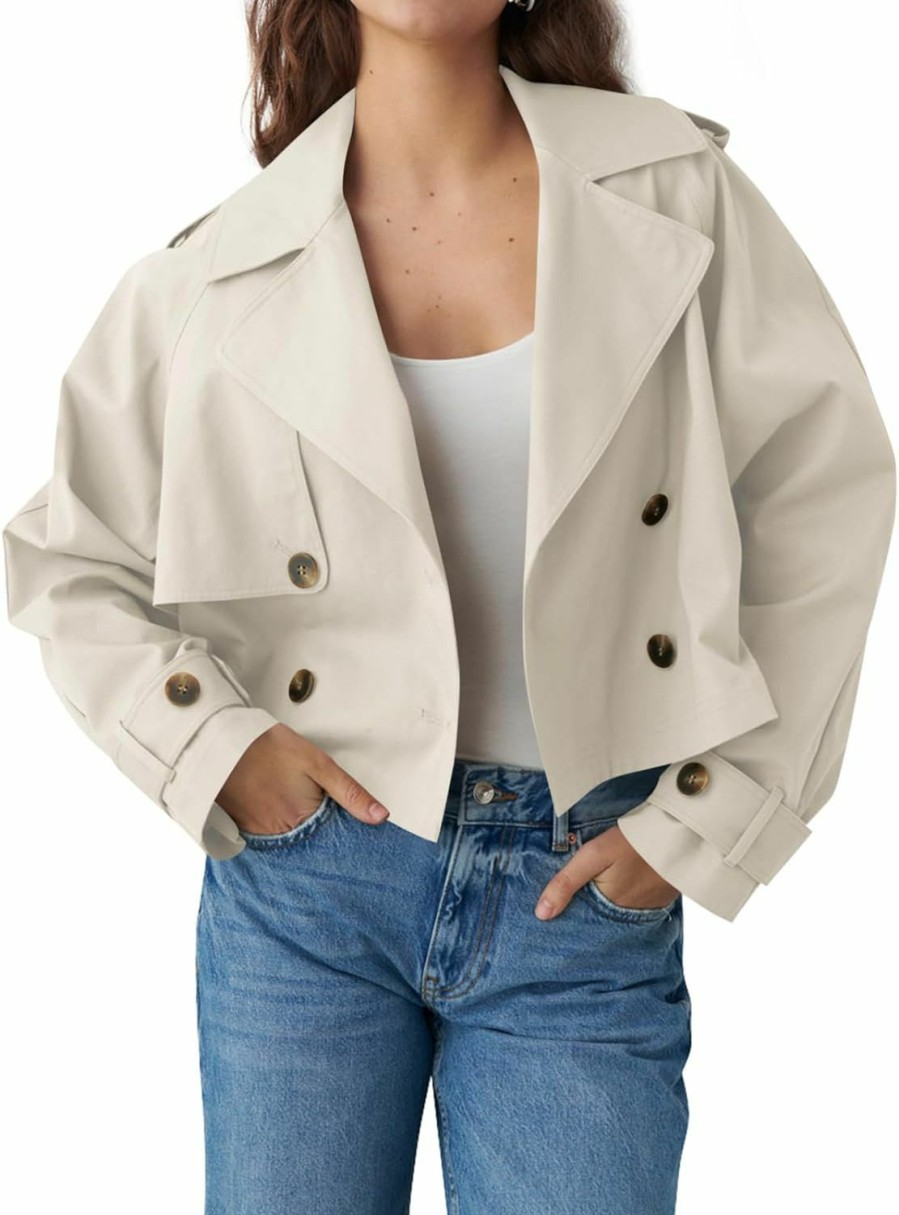 Tankaneo Tankaneo Womens Cropped Trench Coat Lapel Double Breasted Short Jacket Outwear With Pockets | Coats, Jackets & Vests