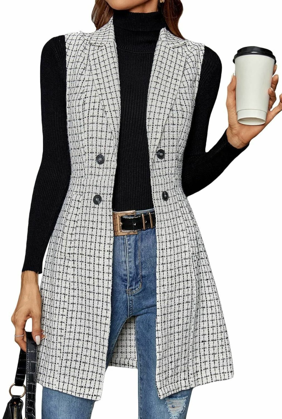 Floerns Floerns Women'S Plaid Print Button Front Sleeveless Lapel Collar Blazer Jacket | Coats, Jackets & Vests