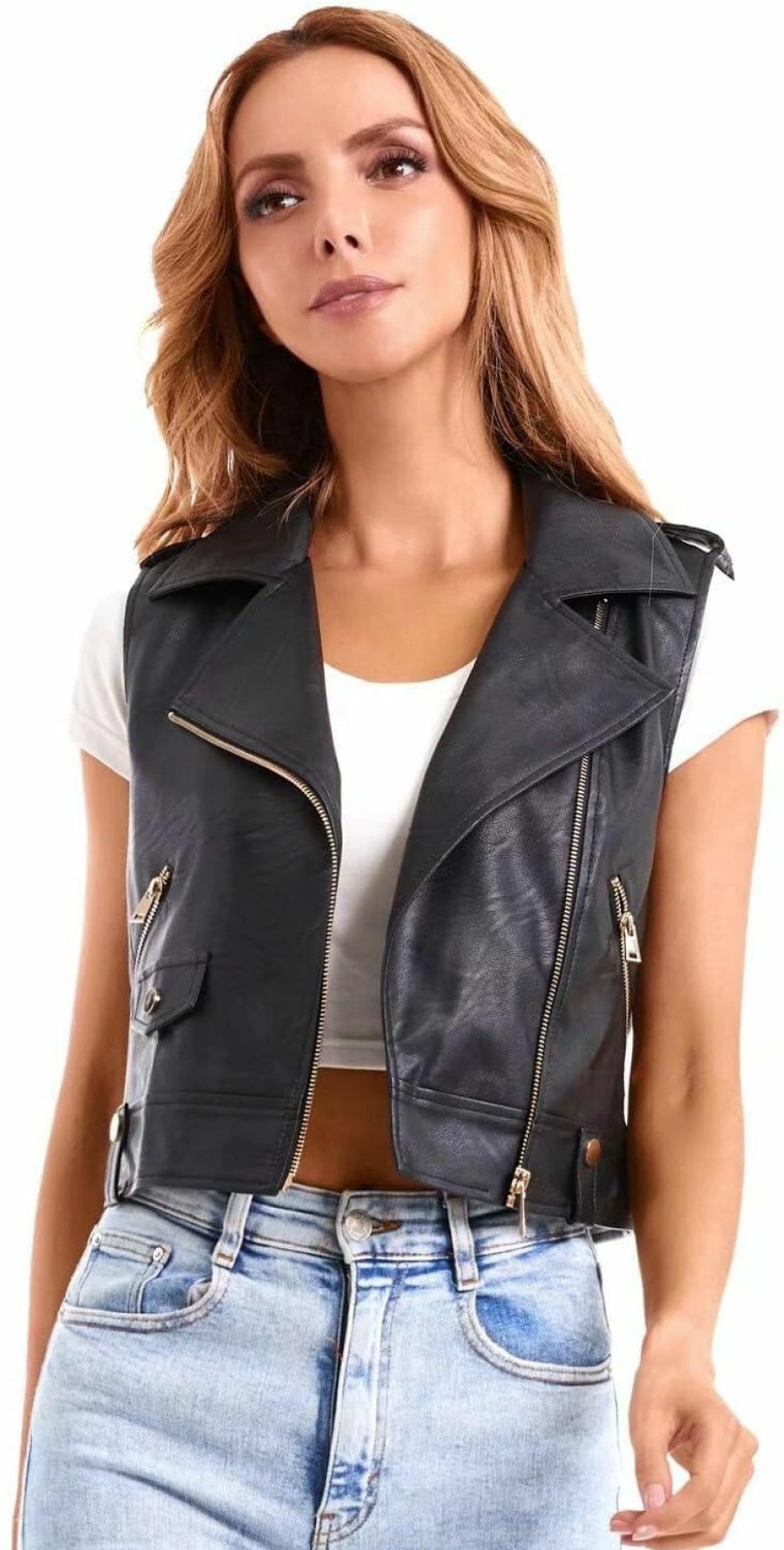 DIASHINY Diashiny Faux Leather Vest For Women Lapel Sleeveless Moto Slim Fit Pu Motorcycle Biker Waistcoat | Coats, Jackets & Vests