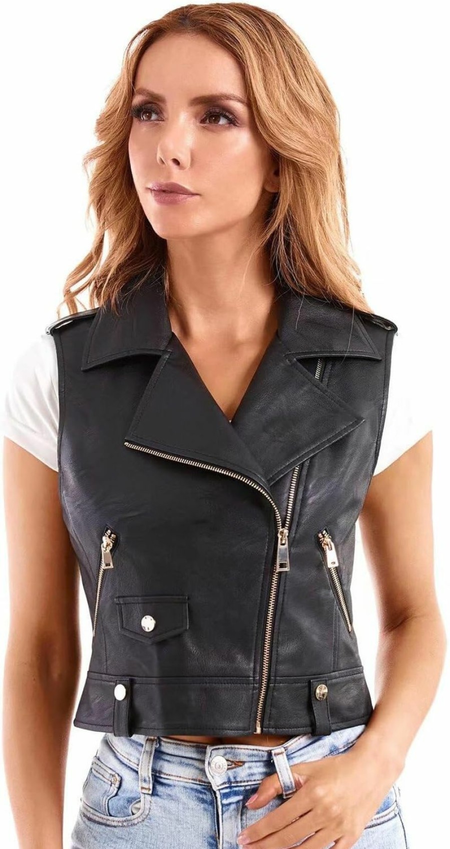 DIASHINY Diashiny Faux Leather Vest For Women Lapel Sleeveless Moto Slim Fit Pu Motorcycle Biker Waistcoat | Coats, Jackets & Vests