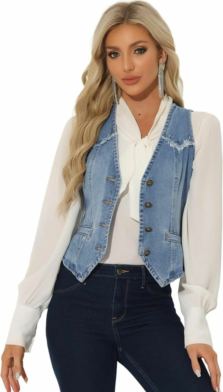 Allegra K Allegra K Denim Vest For Women'S Sleeveless V Neck Washed Distressed Jean Jacket | Coats, Jackets & Vests